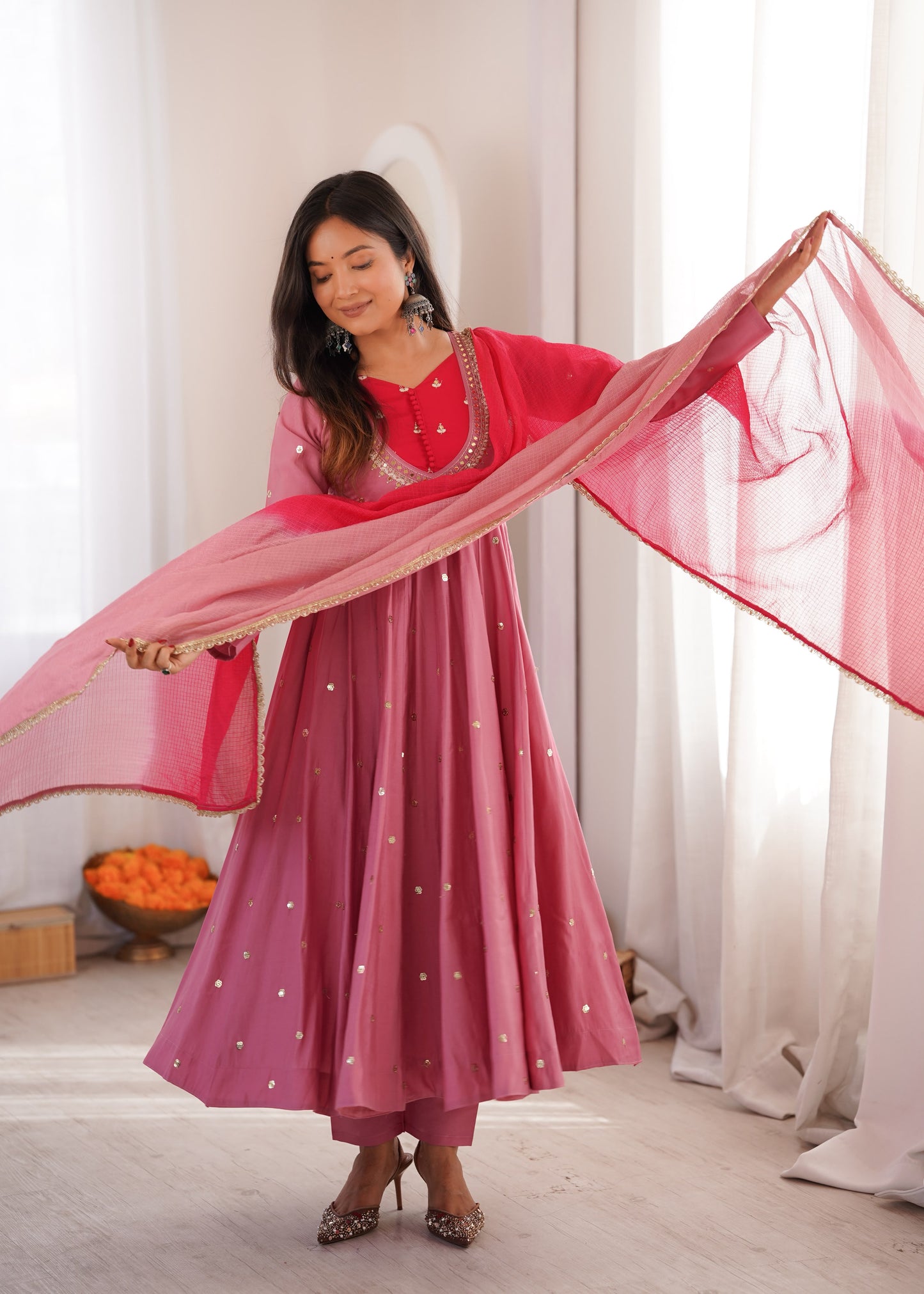 Elegant Rose Pink Embroidered Sequence With Real Mirror Designer Anarkali Three Piece Set