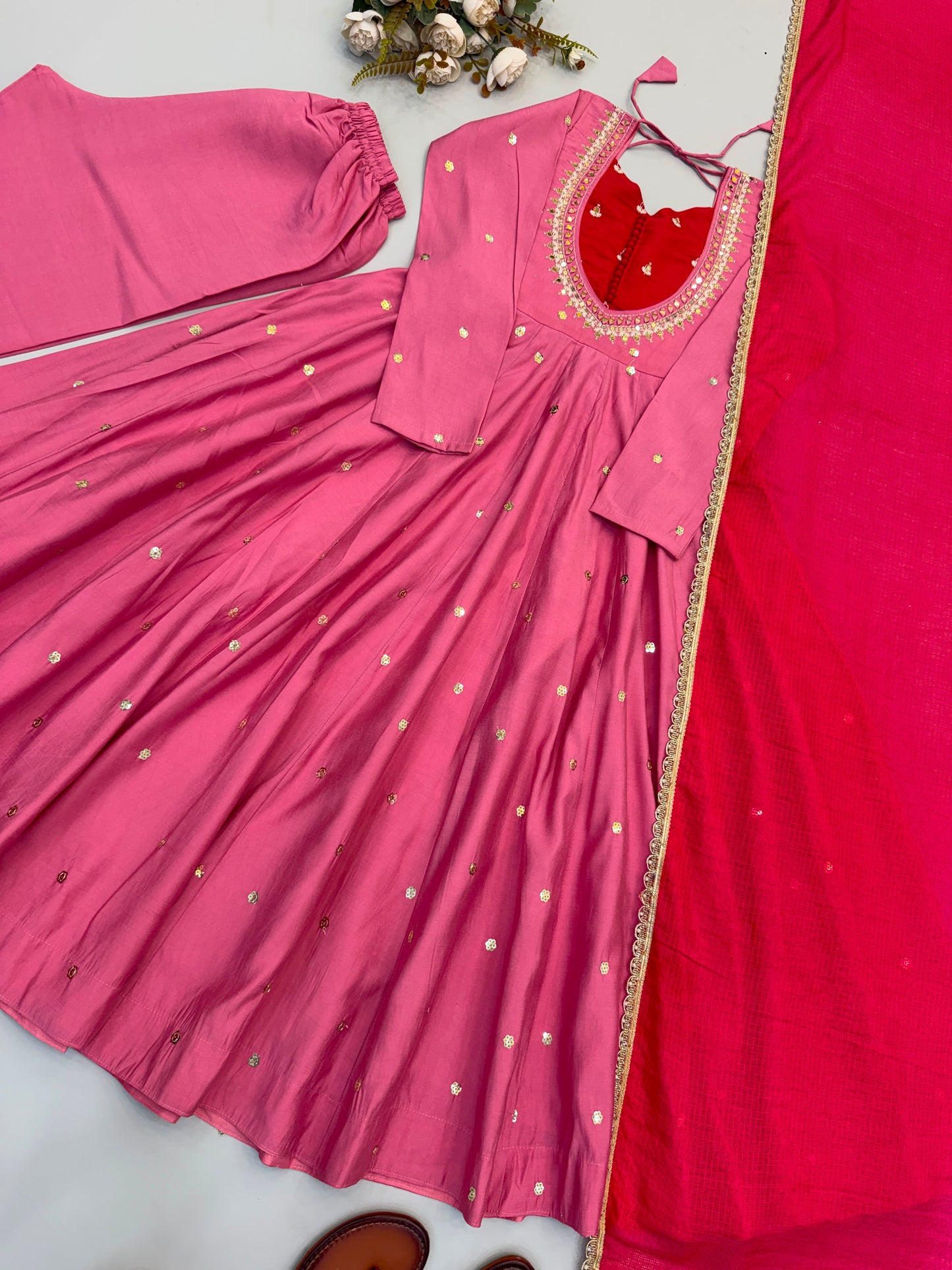 Elegant Rose Pink Embroidered Sequence With Real Mirror Designer Anarkali Three Piece Set