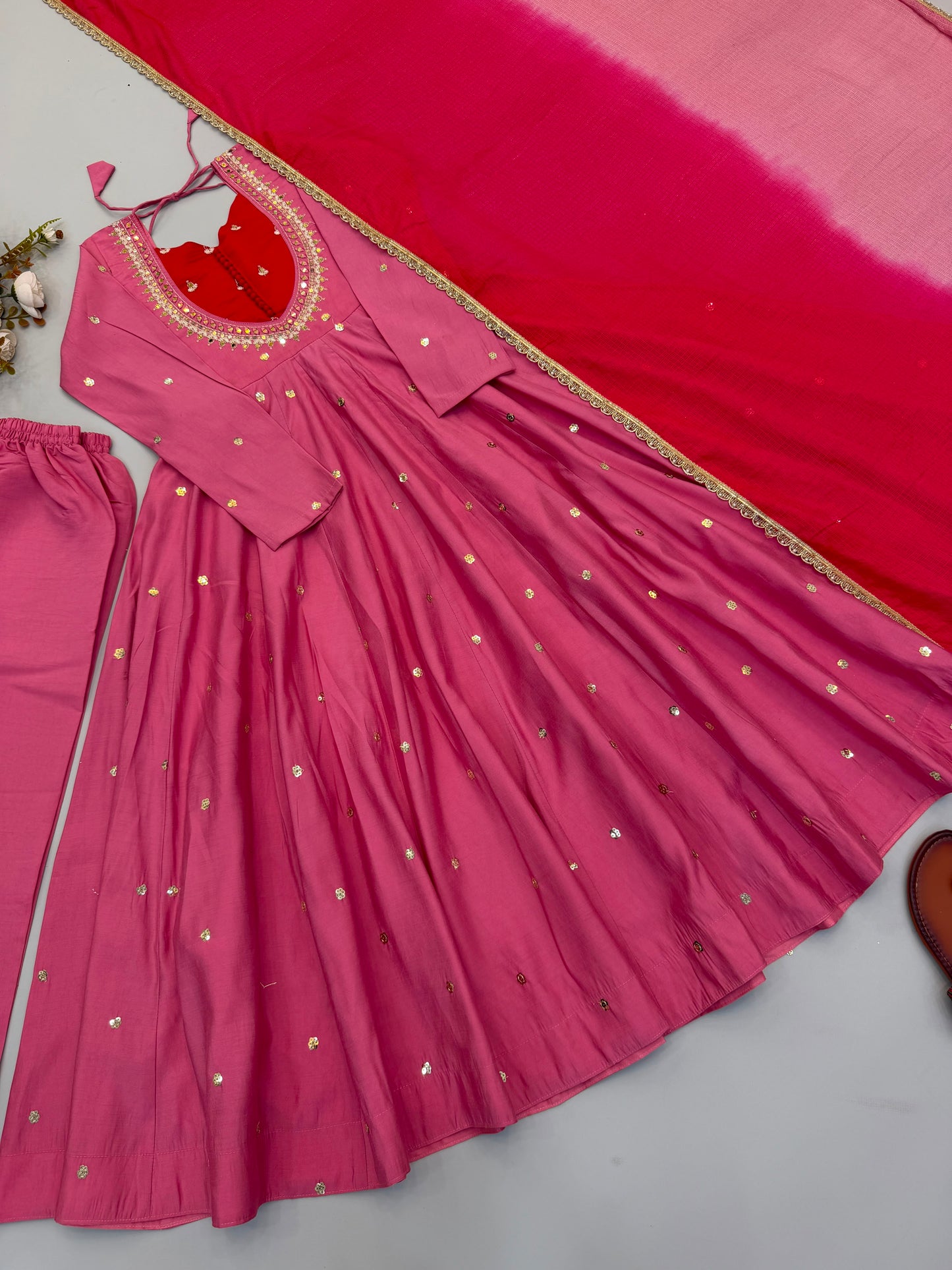 Elegant Rose Pink Embroidered Sequence With Real Mirror Designer Anarkali Three Piece Set