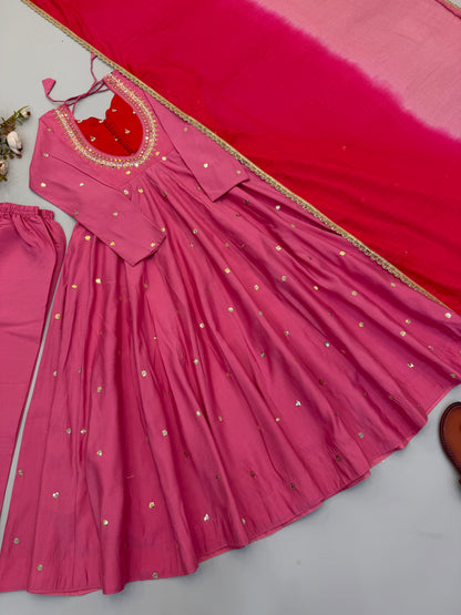 Elegant Rose Pink Embroidered Sequence With Real Mirror Designer Anarkali Three Piece Set