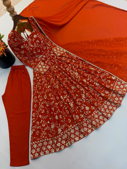 Elegant Rust Orange color Embroidered Sequence Designer Anarkali Three Piece Set