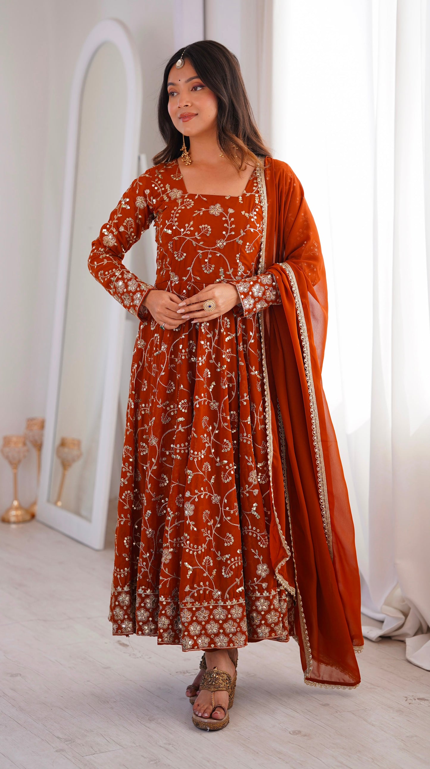 Elegant Rust Orange color Embroidered Sequence Designer Anarkali Three Piece Set