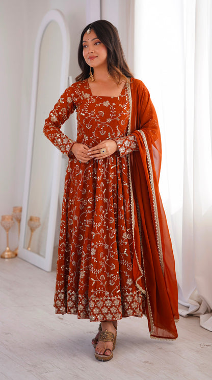 Elegant Rust Orange color Embroidered Sequence Designer Anarkali Three Piece Set