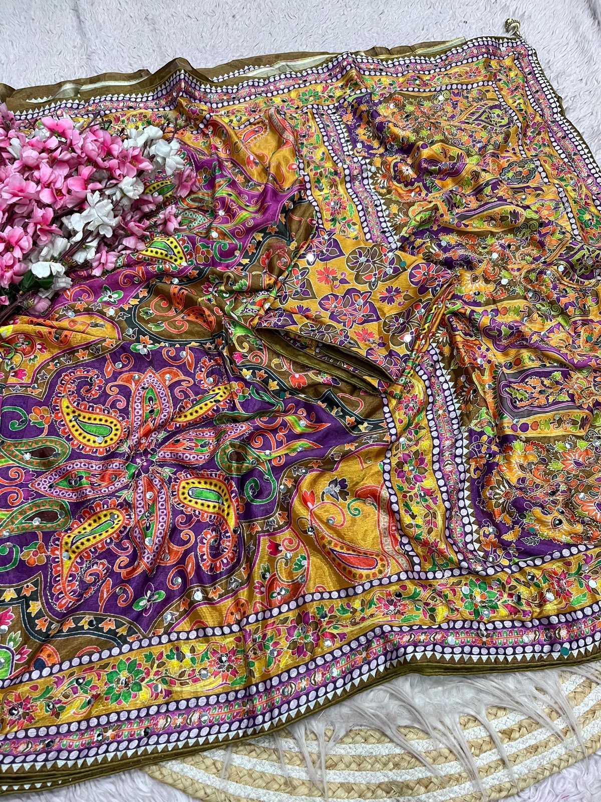 Chinnon Digital Print with aari & original mirror work saree with Unstitched Blouse