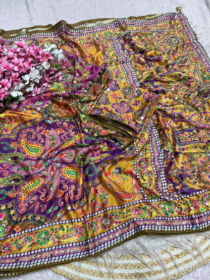 Chinnon Digital Print with aari & original mirror work saree with Unstitched Blouse
