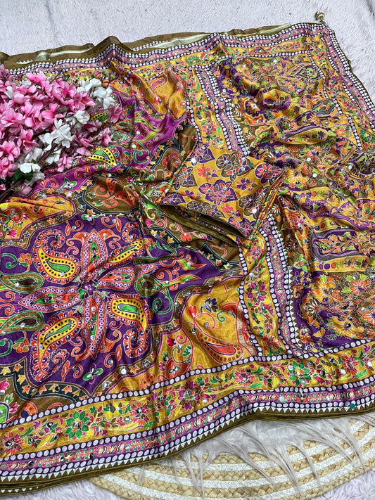 Chinnon Digital Print with aari & original mirror work saree with Unstitched Blouse