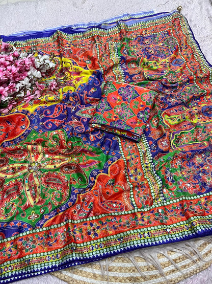 Chinnon Digital Print with aari & original mirror work saree with Unstitched Blouse