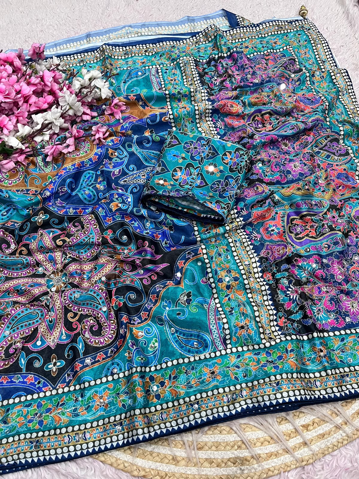 Chinnon Digital Print with aari & original mirror work saree with Unstitched Blouse