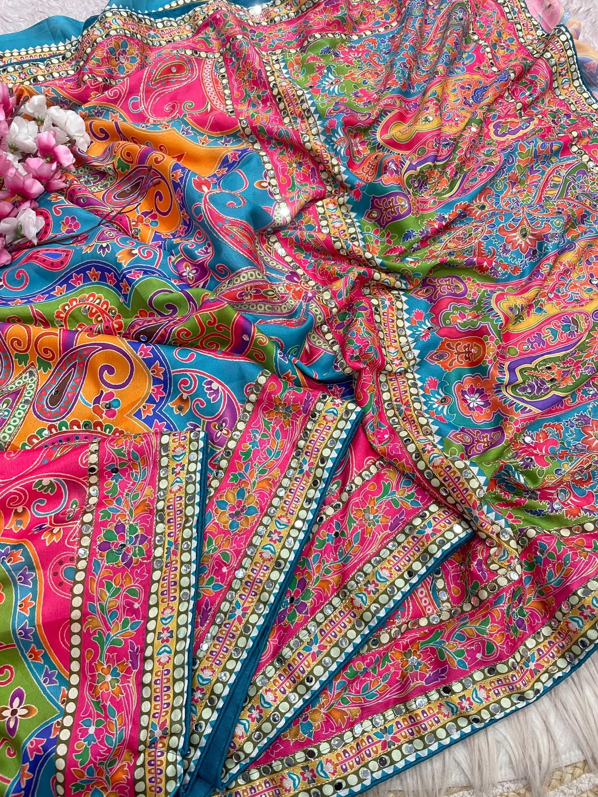 Chinnon Digital Print with aari & original mirror work saree with Unstitched Blouse