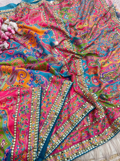 Chinnon Digital Print with aari & original mirror work saree with Unstitched Blouse