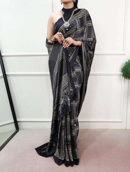 Black Color Mirror work Satin Silk Print Saree with Unstitched Blouse