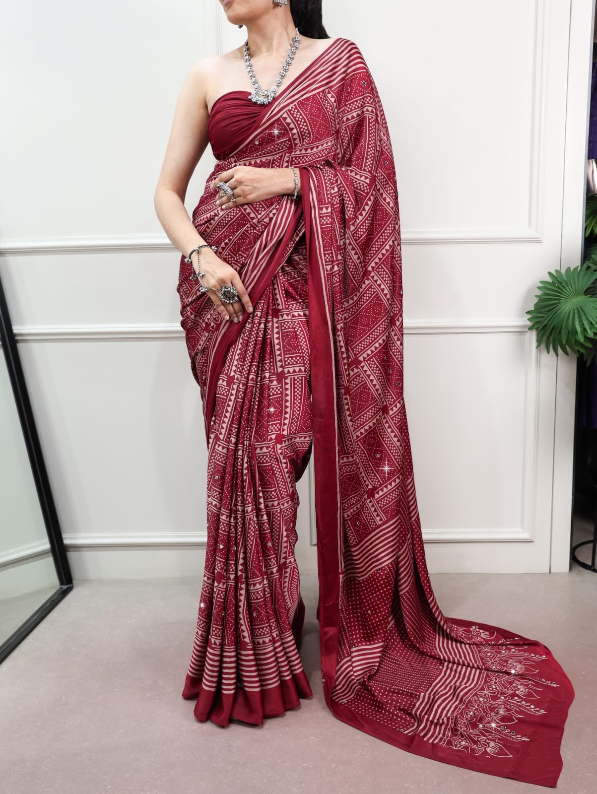 Maroon Color Mirror work Satin Silk Print Saree with Unstitched Blouse