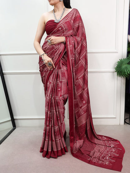 Maroon Color Mirror work Satin Silk Print Saree with Unstitched Blouse