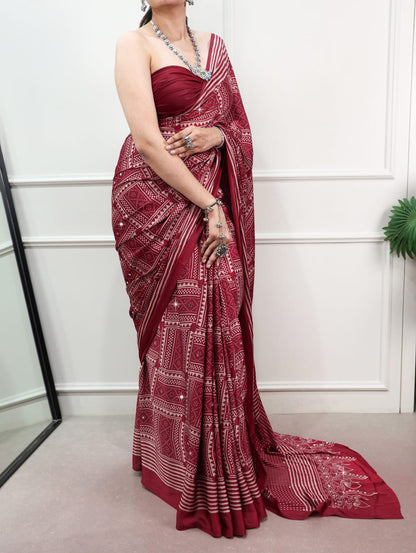 Maroon Color Mirror work Satin Silk Print Saree with Unstitched Blouse