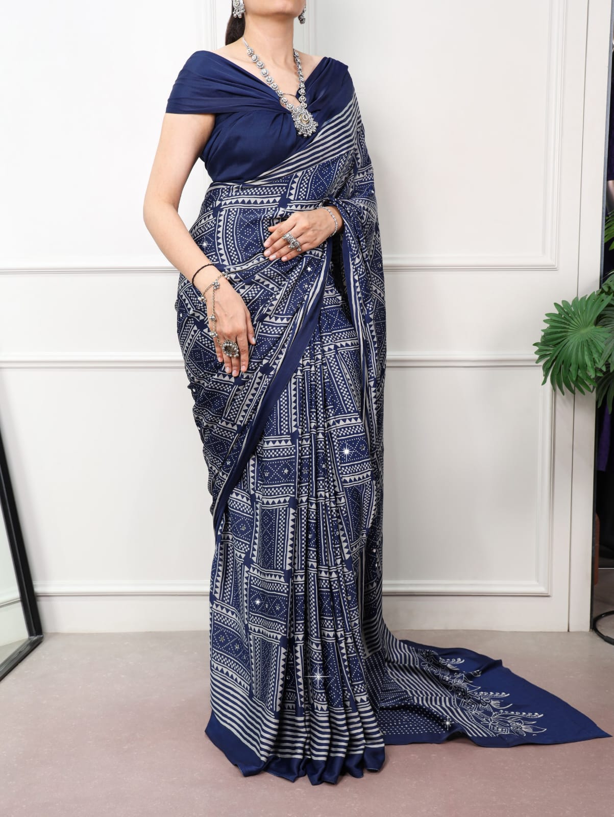 Navy Blue Color Mirror work Satin Silk Print Saree with Unstitched Blouse