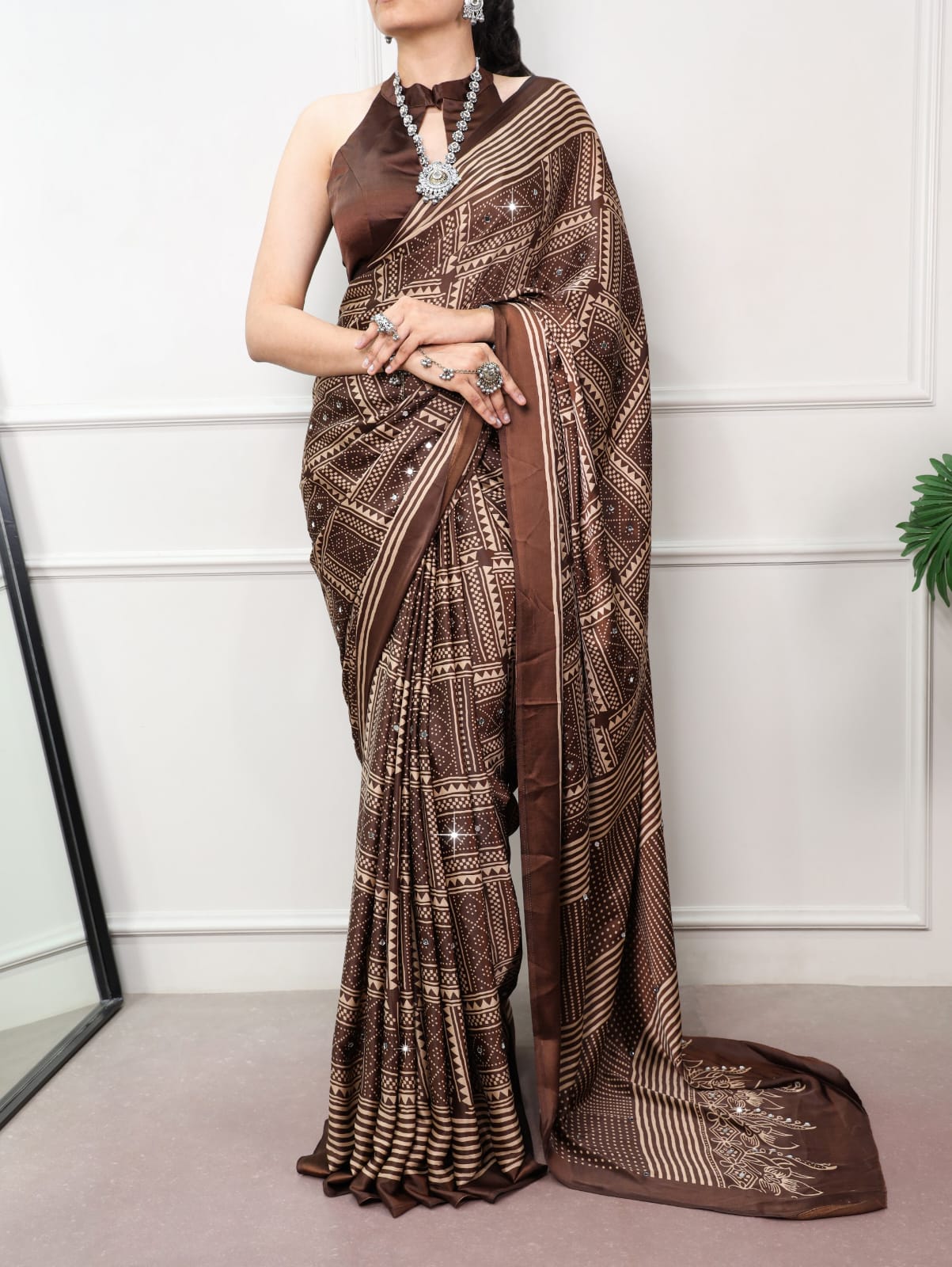Brown Color Mirror work Satin Silk Print Saree with Unstitched Blouse