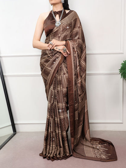 Brown Color Mirror work Satin Silk Print Saree with Unstitched Blouse