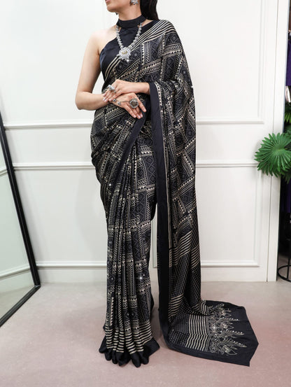 Black Color Mirror work Satin Silk Print Saree with Unstitched Blouse