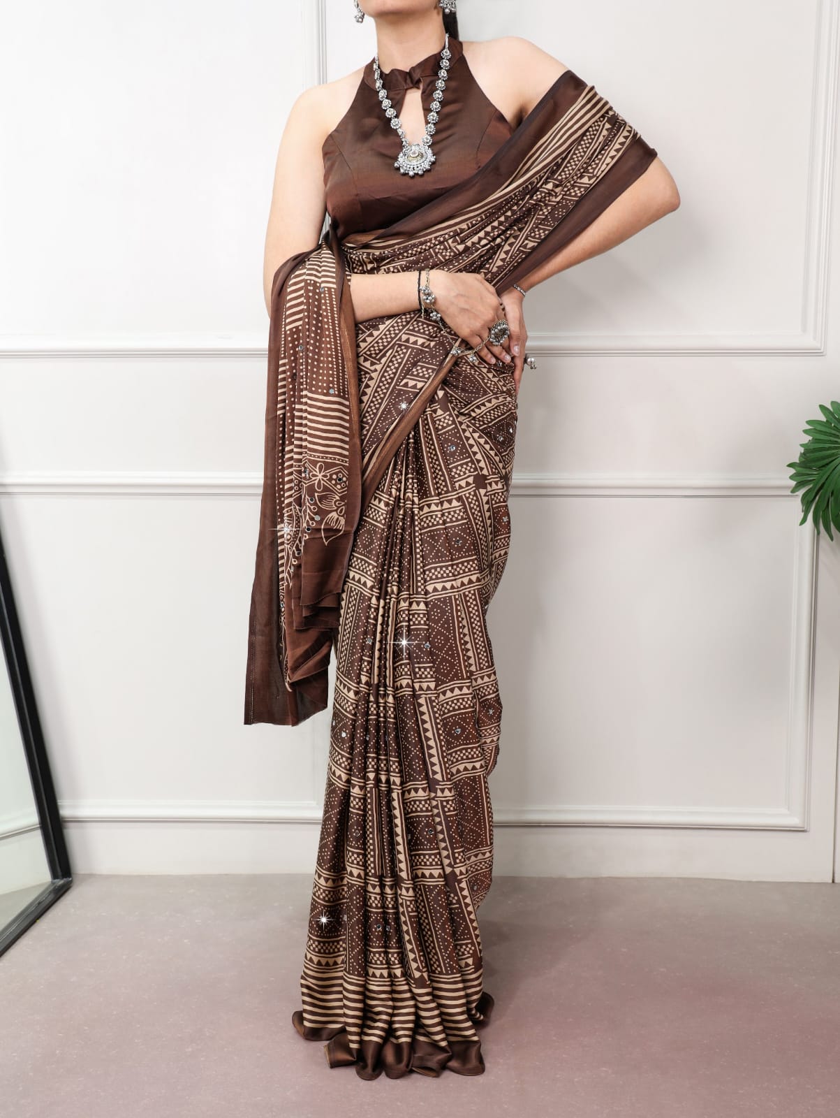 Brown Color Mirror work Satin Silk Print Saree with Unstitched Blouse