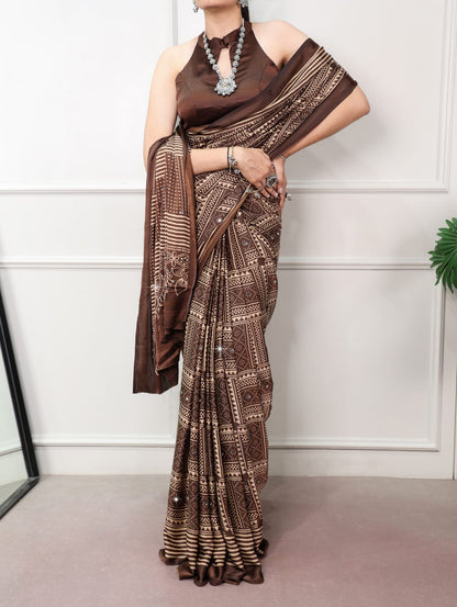Brown Color Mirror work Satin Silk Print Saree with Unstitched Blouse