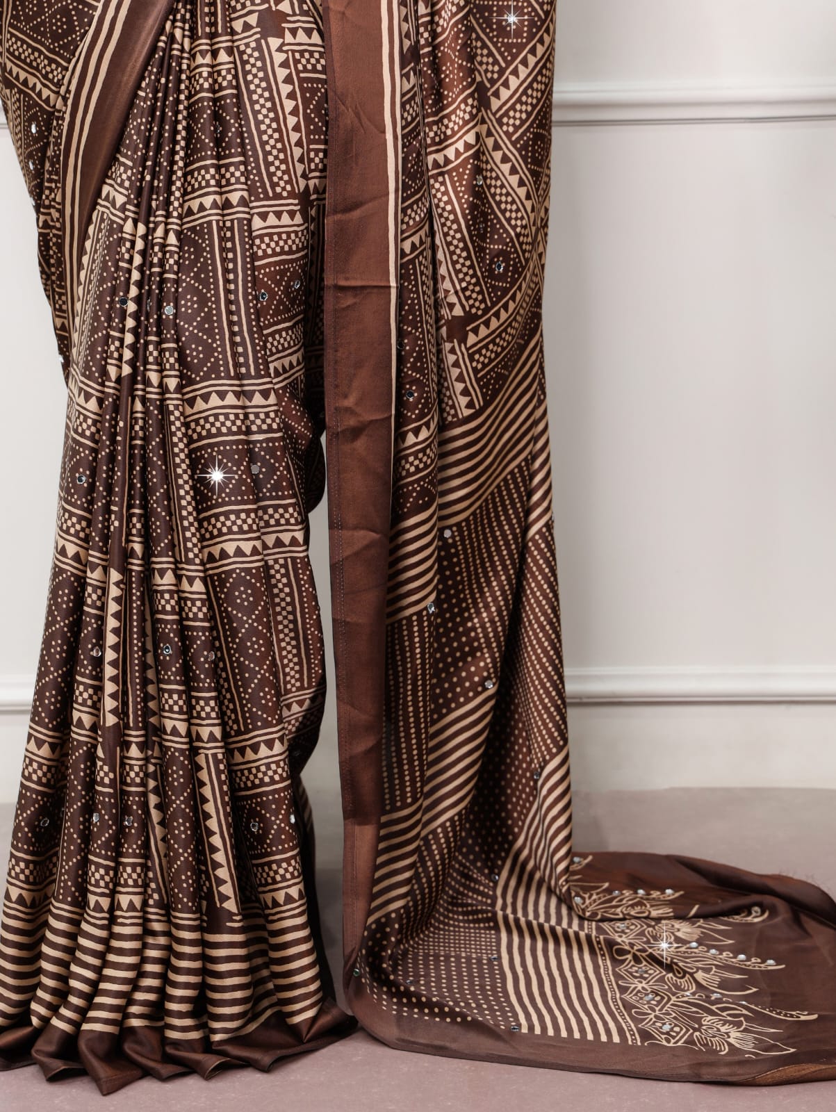 Brown Color Mirror work Satin Silk Print Saree with Unstitched Blouse