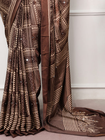 Brown Color Mirror work Satin Silk Print Saree with Unstitched Blouse