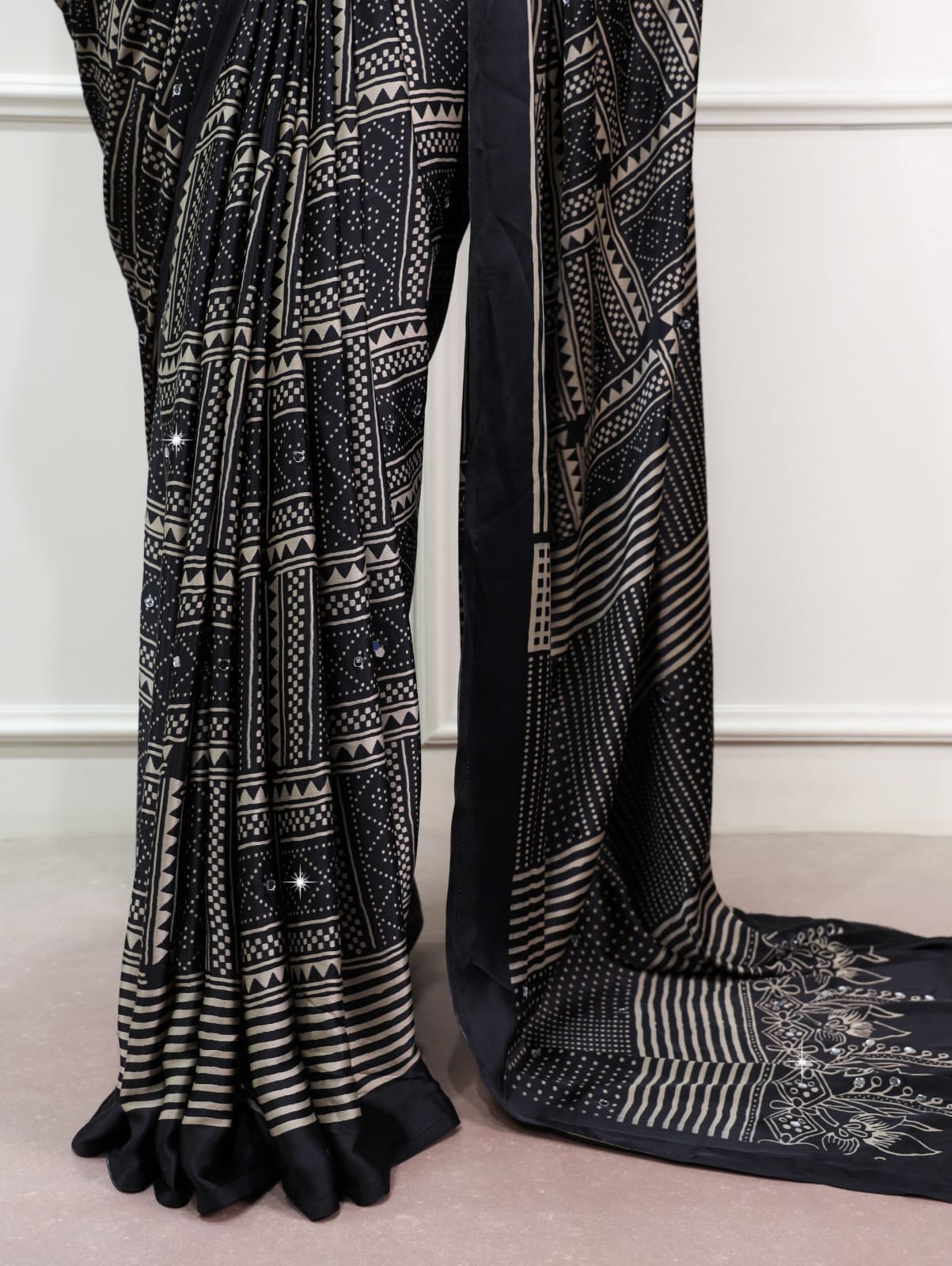 Black Color Mirror work Satin Silk Print Saree with Unstitched Blouse