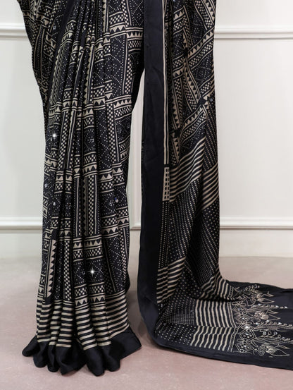 Black Color Mirror work Satin Silk Print Saree with Unstitched Blouse