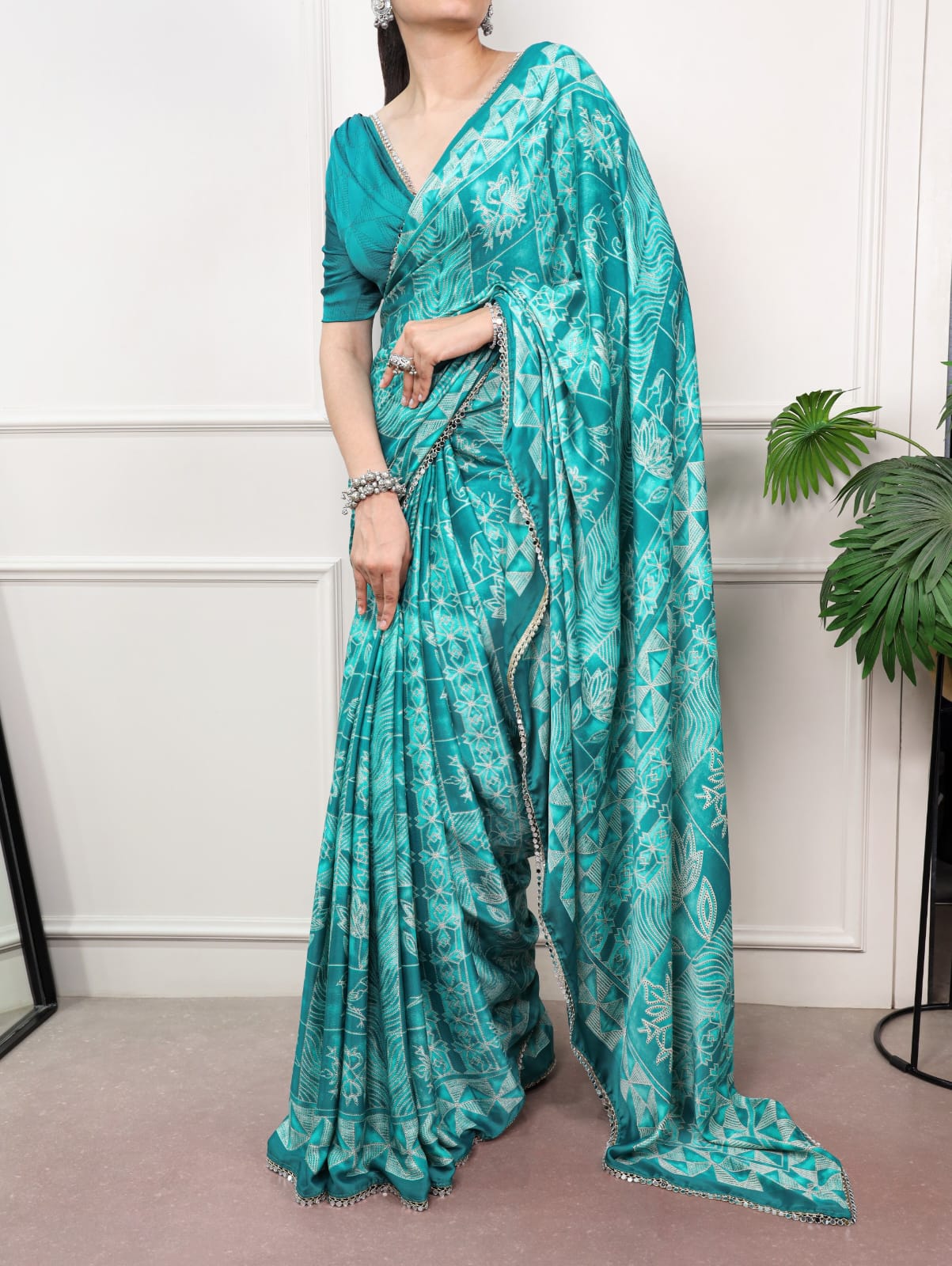 Sea Green color Mirror Work Lace Satin Silk Print Saree with Unstitched Blouse