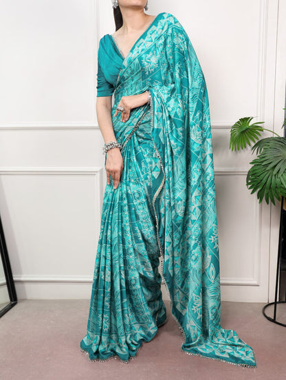 Sea Green color Mirror Work Lace Satin Silk Print Saree with Unstitched Blouse