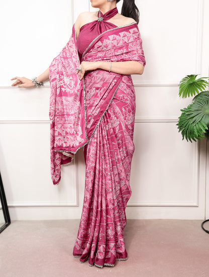 Magenta Pink color Mirror Work Lace Satin Silk Print Saree with Unstitched Blouse