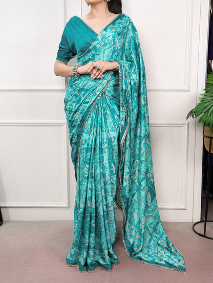 Sea Green color Mirror Work Lace Satin Silk Print Saree with Unstitched Blouse