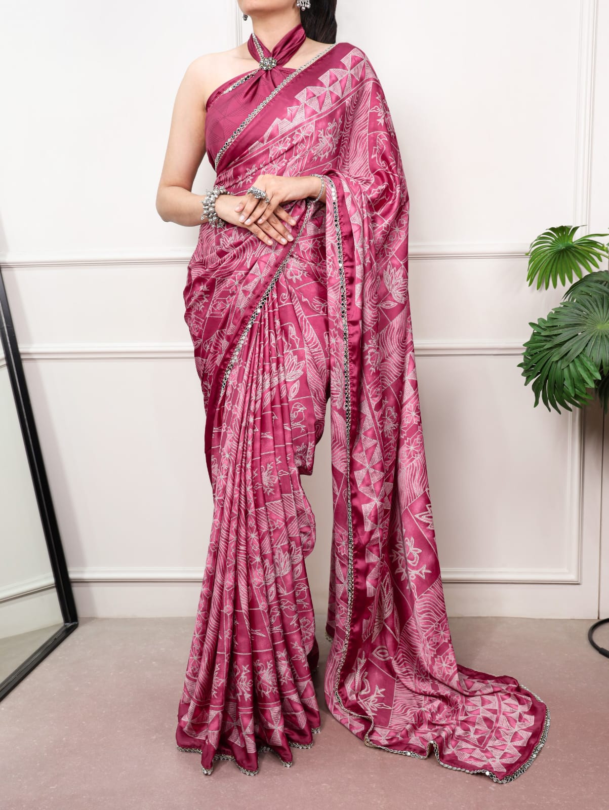 Magenta Pink color Mirror Work Lace Satin Silk Print Saree with Unstitched Blouse