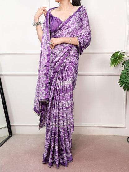 Lavender Pink color Mirror Work Lace Satin Silk Print Saree with Unstitched Blouse