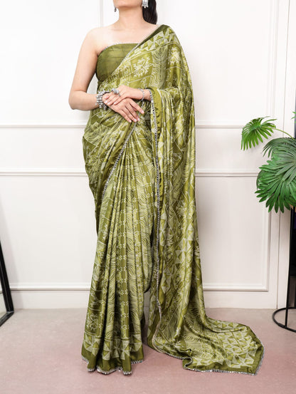 Mehndi Green color Mirror Work Lace Satin Silk Print Saree with Unstitched Blouse