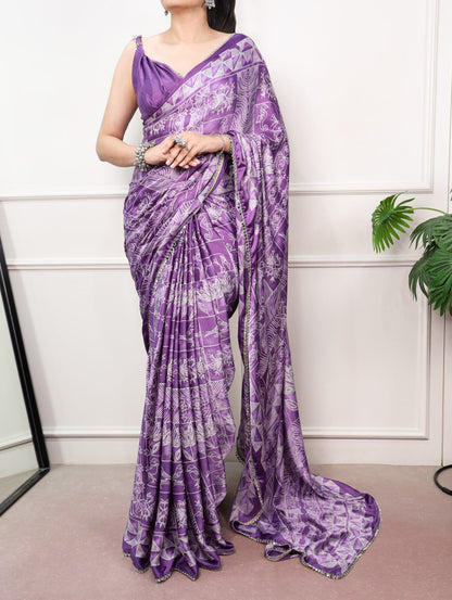 Lavender Pink color Mirror Work Lace Satin Silk Print Saree with Unstitched Blouse