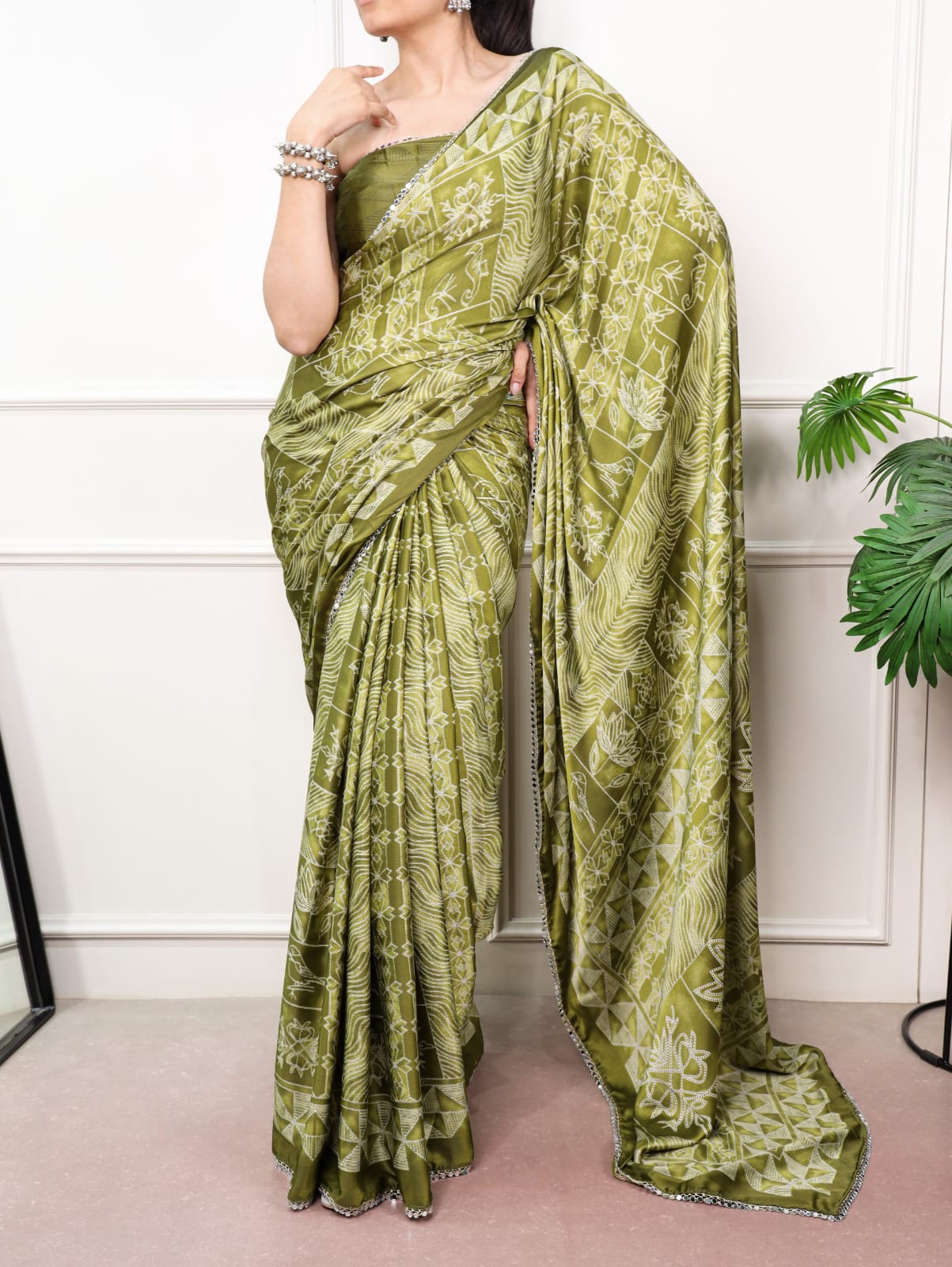 Mehndi Green color Mirror Work Lace Satin Silk Print Saree with Unstitched Blouse