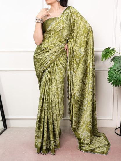 Mehndi Green color Mirror Work Lace Satin Silk Print Saree with Unstitched Blouse