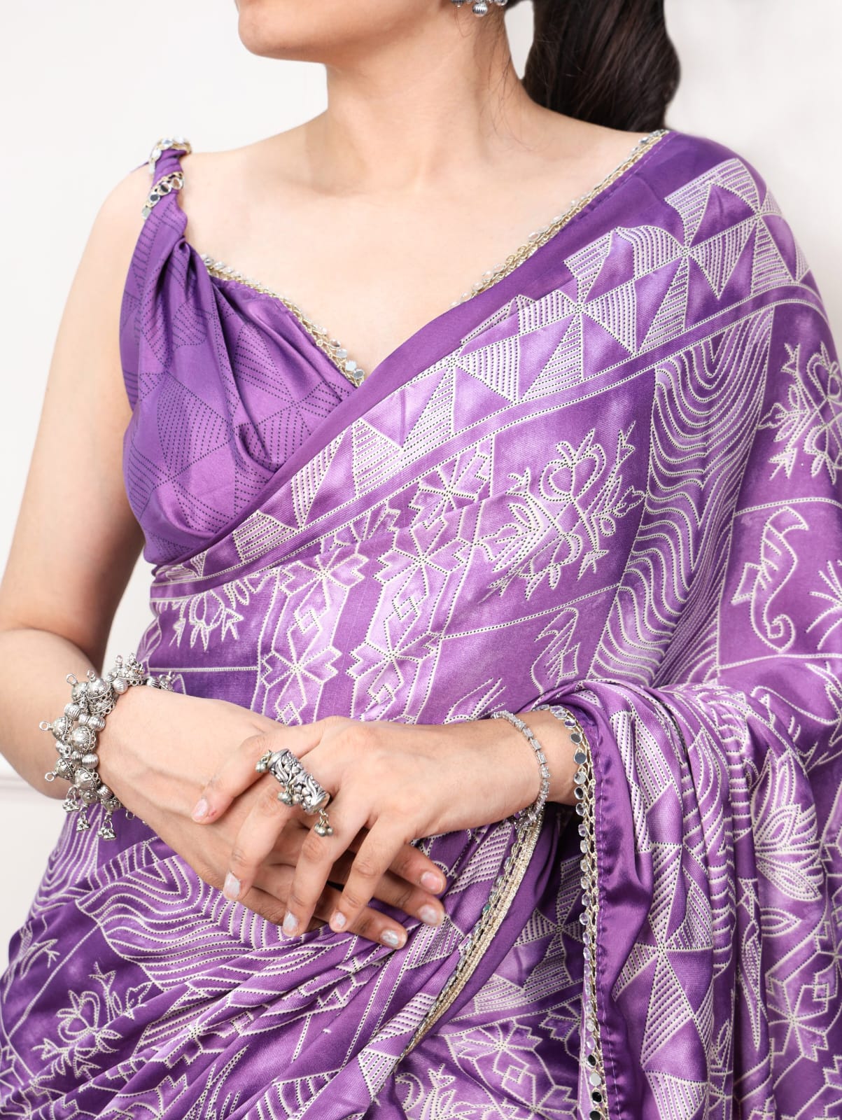 Lavender Pink color Mirror Work Lace Satin Silk Print Saree with Unstitched Blouse