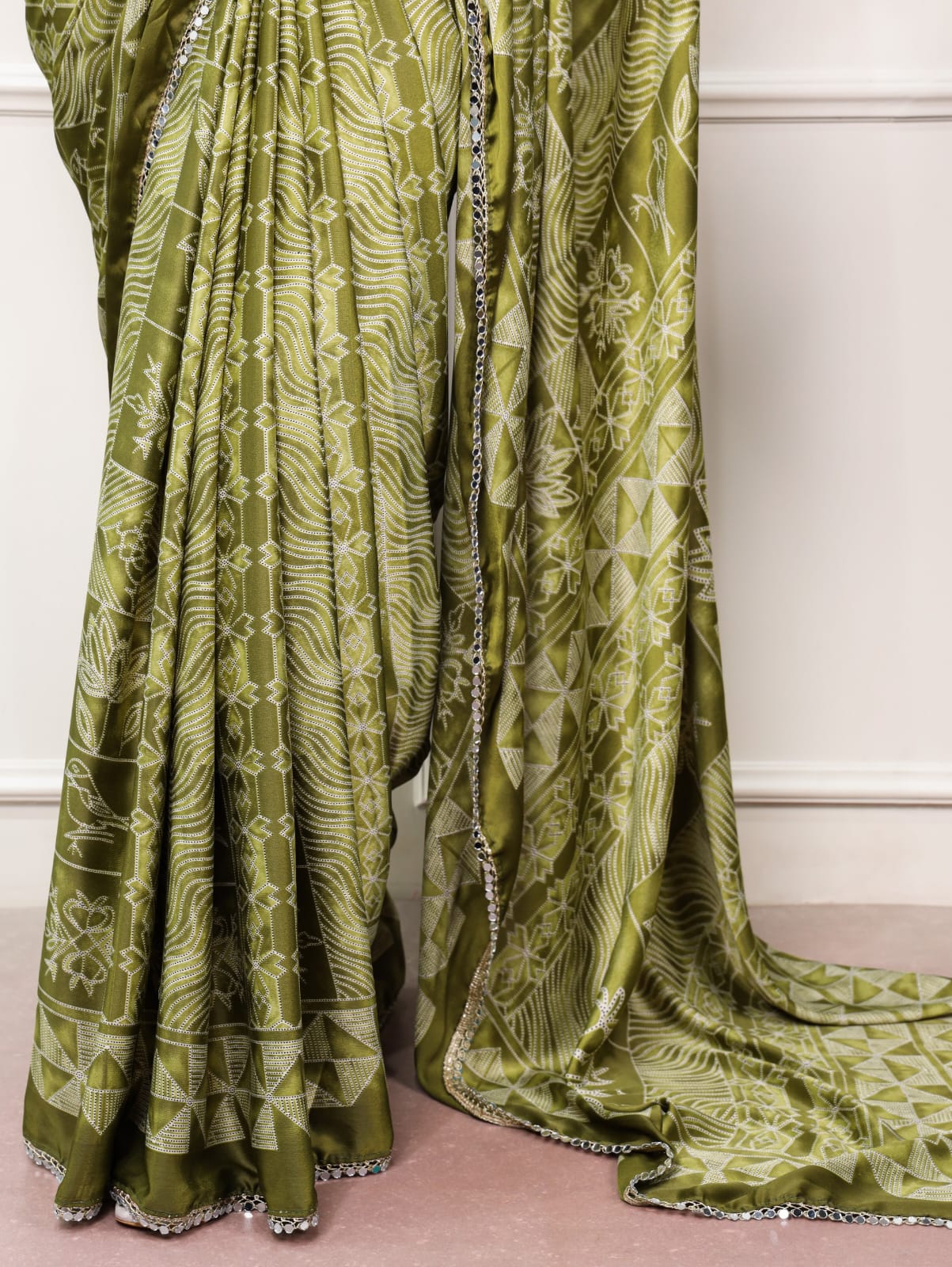 Mehndi Green color Mirror Work Lace Satin Silk Print Saree with Unstitched Blouse