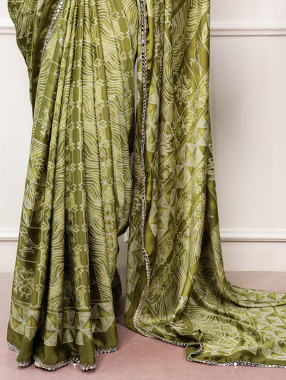 Mehndi Green color Mirror Work Lace Satin Silk Print Saree with Unstitched Blouse