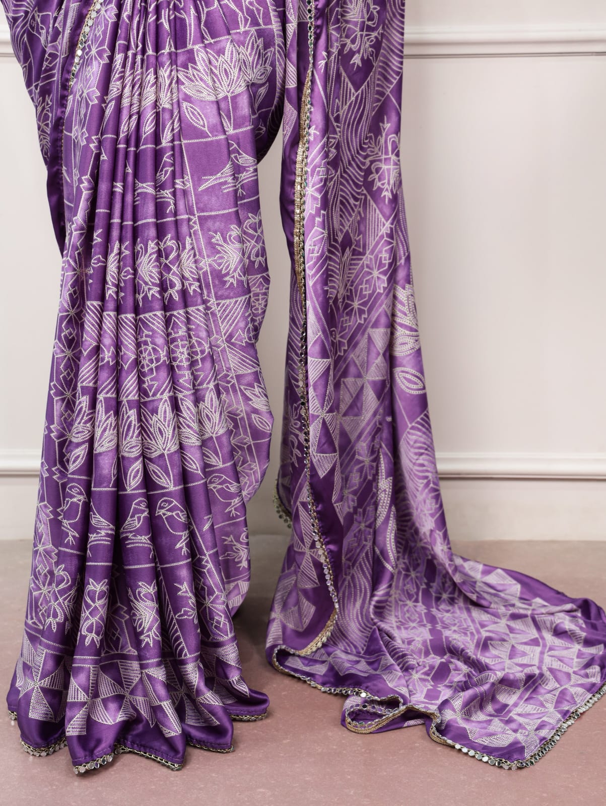 Lavender Pink color Mirror Work Lace Satin Silk Print Saree with Unstitched Blouse