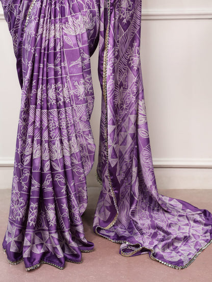 Lavender Pink color Mirror Work Lace Satin Silk Print Saree with Unstitched Blouse