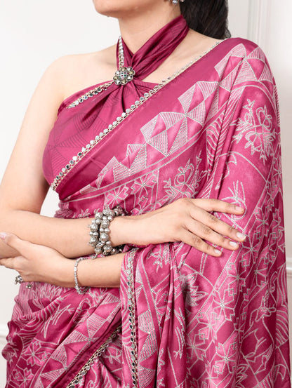 Magenta Pink color Mirror Work Lace Satin Silk Print Saree with Unstitched Blouse
