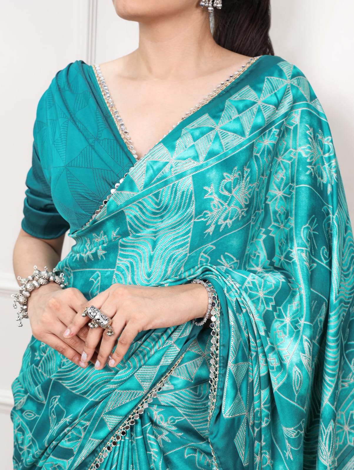 Sea Green color Mirror Work Lace Satin Silk Print Saree with Unstitched Blouse
