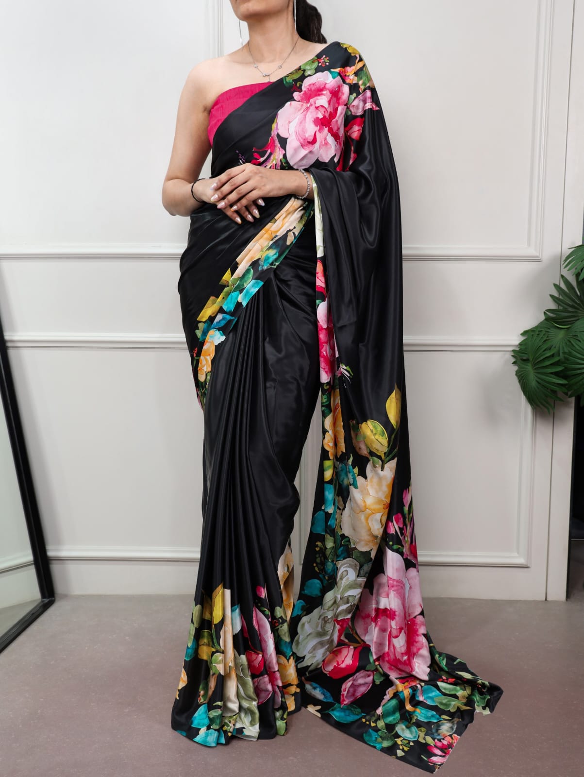 Satin Silk Print Saree with Unstitched Blouse