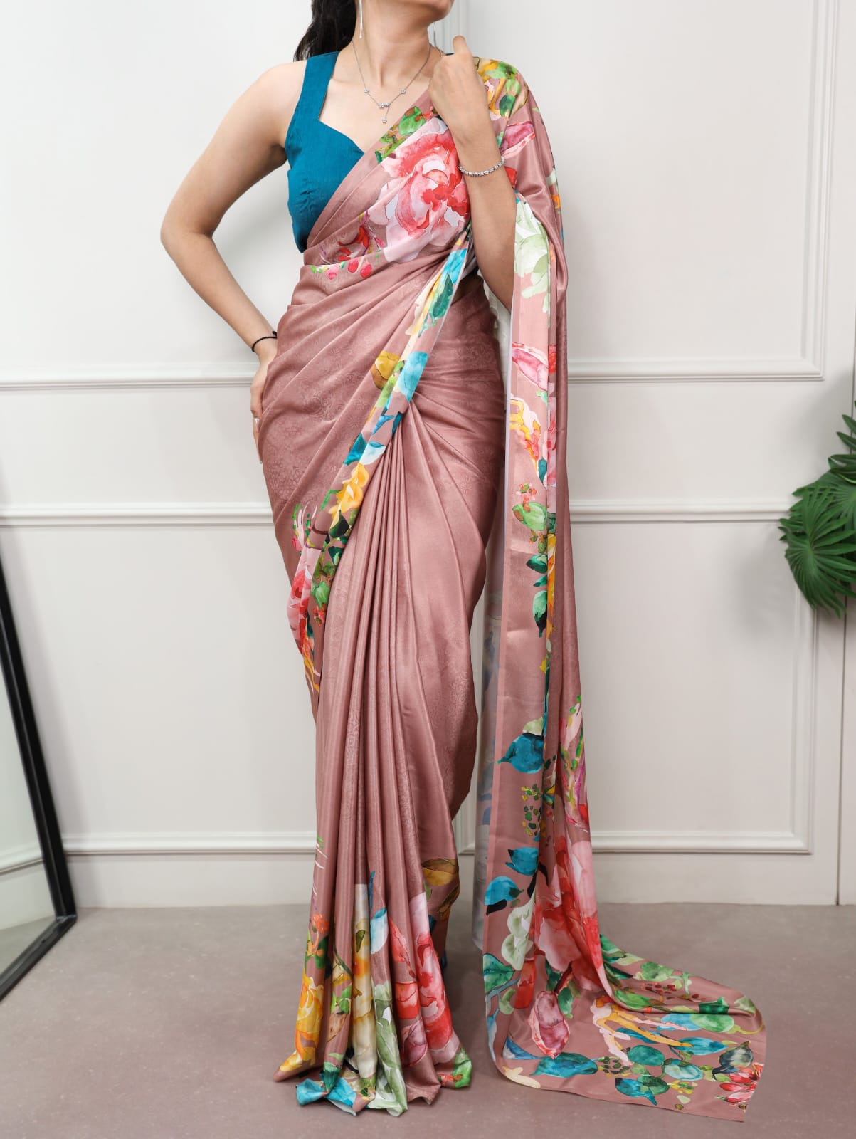 Satin Silk Print Saree with Unstitched Blouse