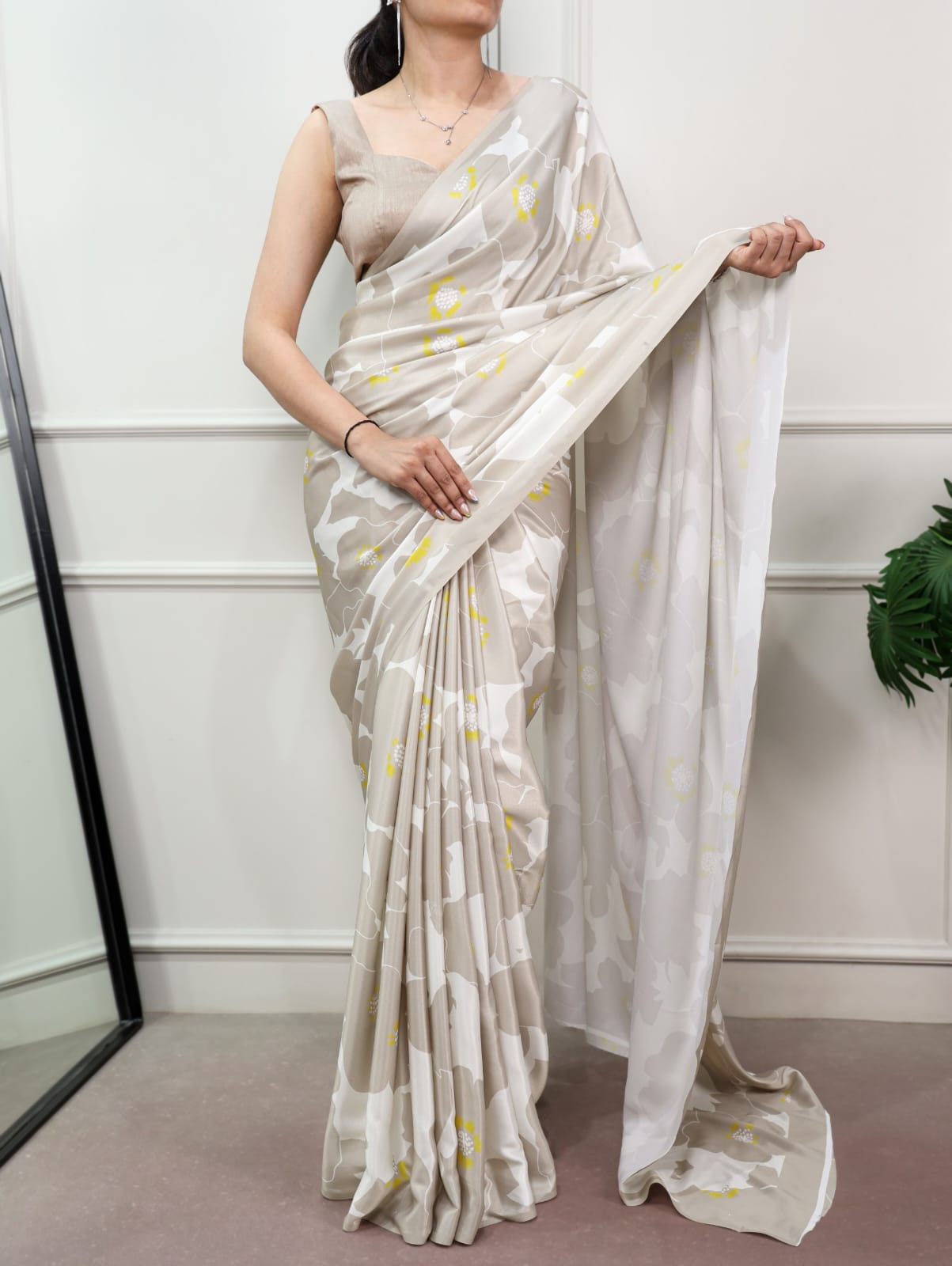 Satin Silk Print Saree with Unstitched Blouse