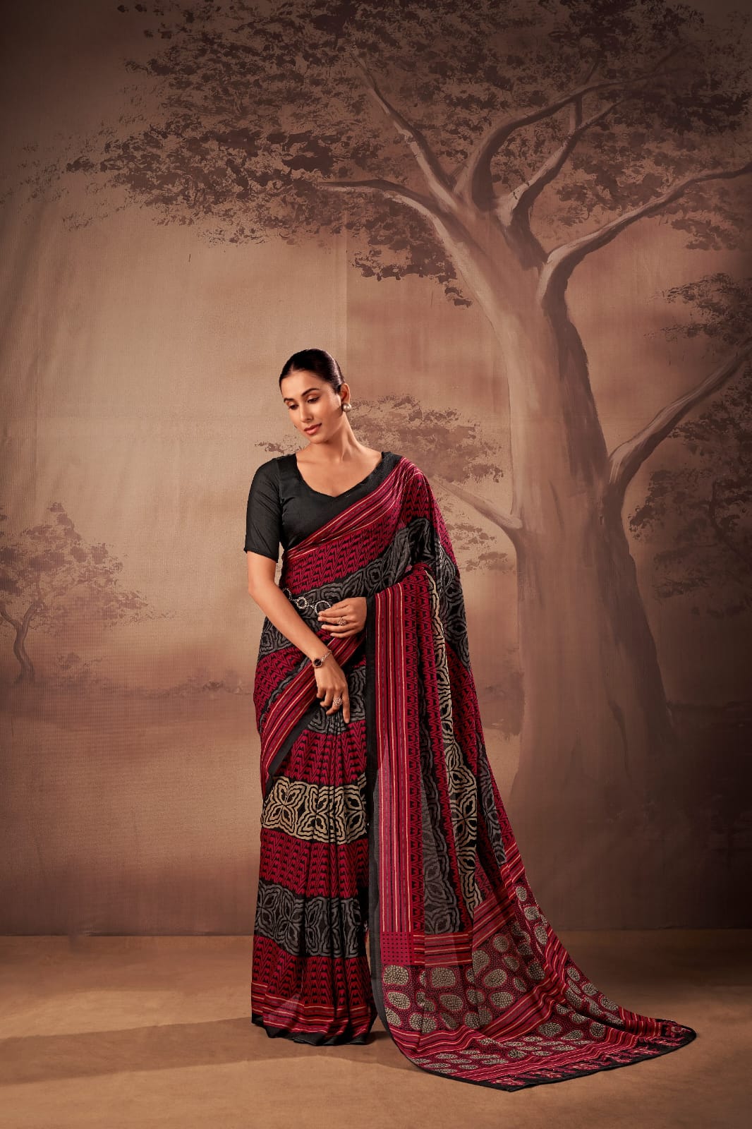 Poly Mal Cotton Print Saree with Unstitched Blouse