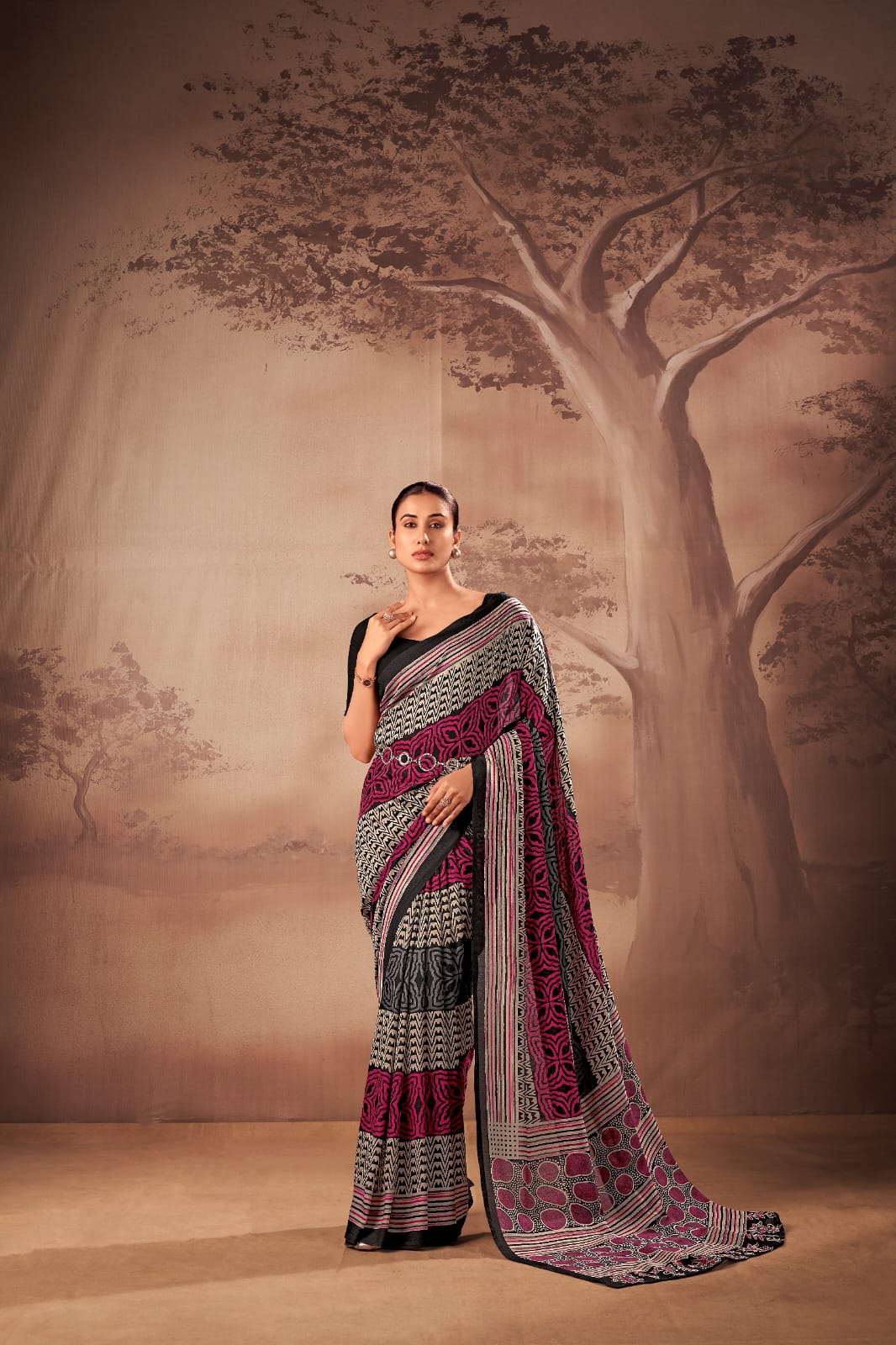 Poly Mal Cotton Print Saree with Unstitched Blouse